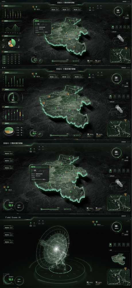 昏绿色主题河南省大数据可视化大屏模版-采灵感-https://www.cailinggan.com/