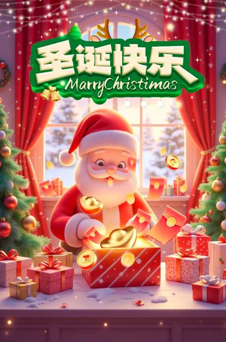 圣诞快乐打开礼物海报-采灵感-https://www.cailinggan.com/