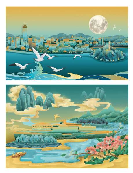 原创插画海滨小镇-采灵感-https://www.cailinggan.com/