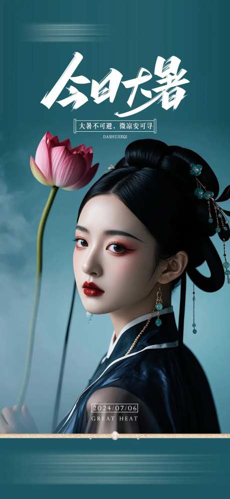 国风荷花美女大暑节气海报-采灵感-https://www.cailinggan.com/