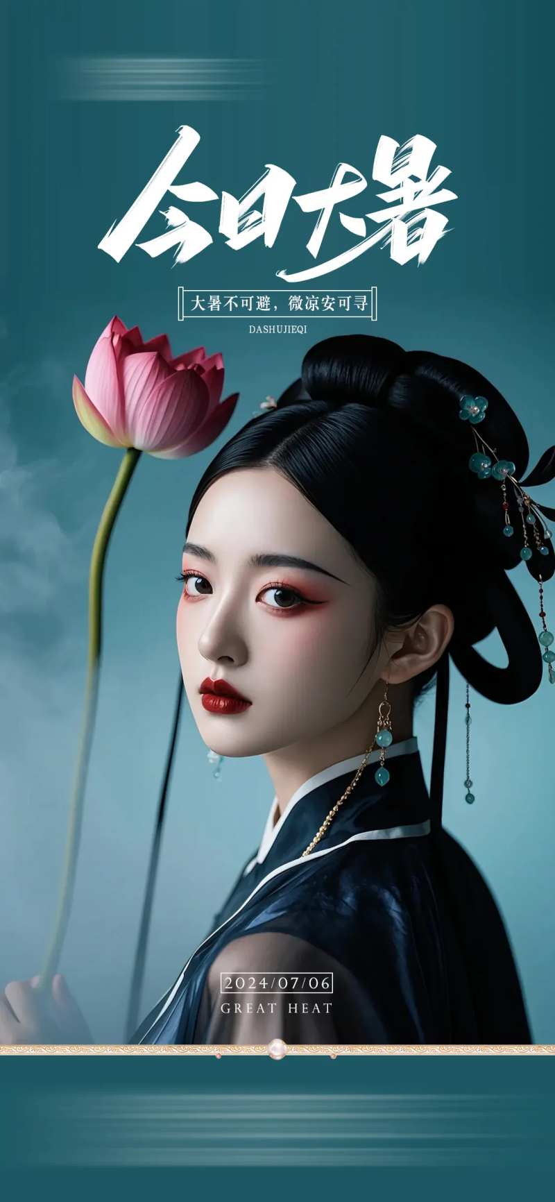 国风荷花美女大暑节气海报-采灵感-cailinggan.com