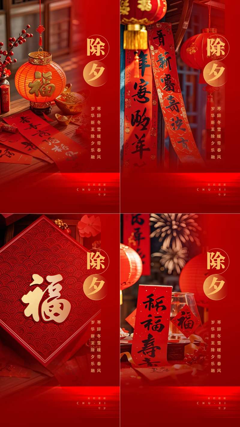 除夕迎春红色喜庆宣传新年系列海报-采灵感-cailinggan.com